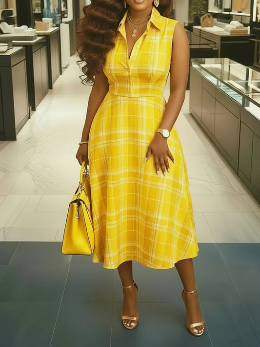 Womens Yellow Plaid Sleeveless Lapel Collar Midi Dress