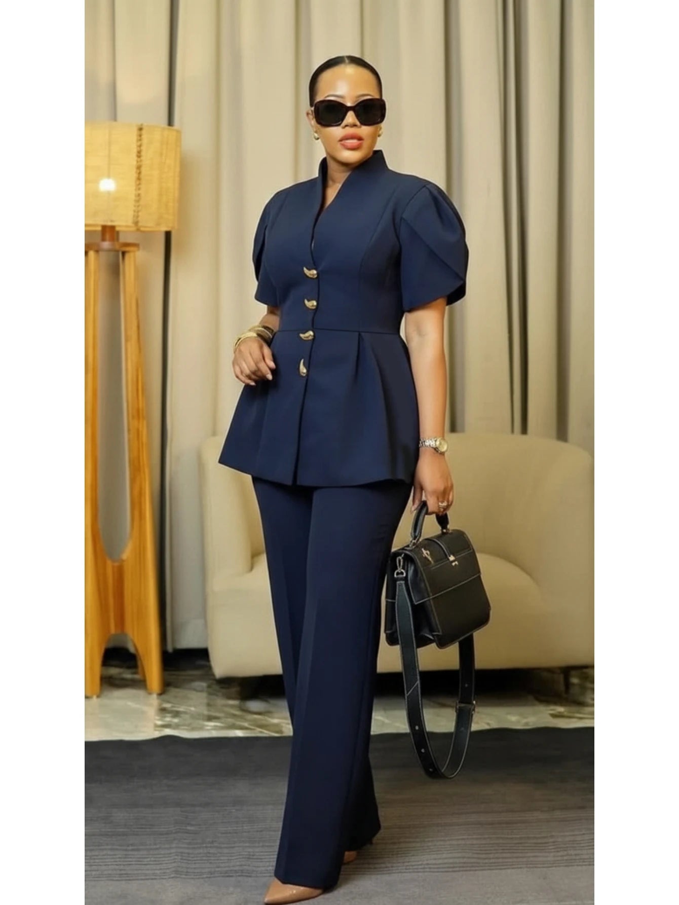 Blue Peplum Top Straight Leg Pants Set
