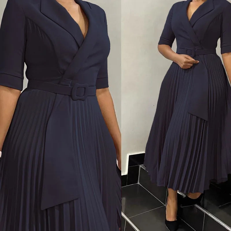 Elegant Office Dress Half Sleeve Belted Midi