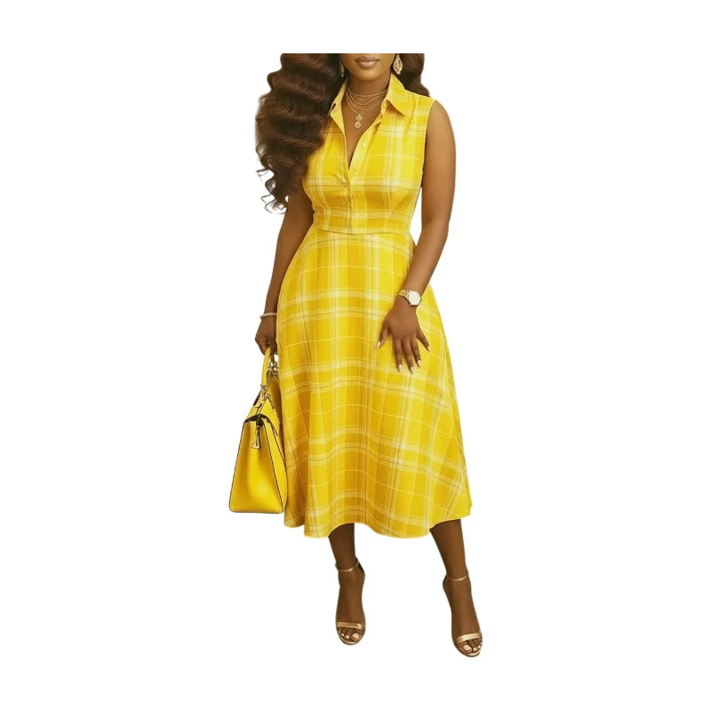 Womens Yellow Plaid Sleeveless Lapel Collar Midi Dress