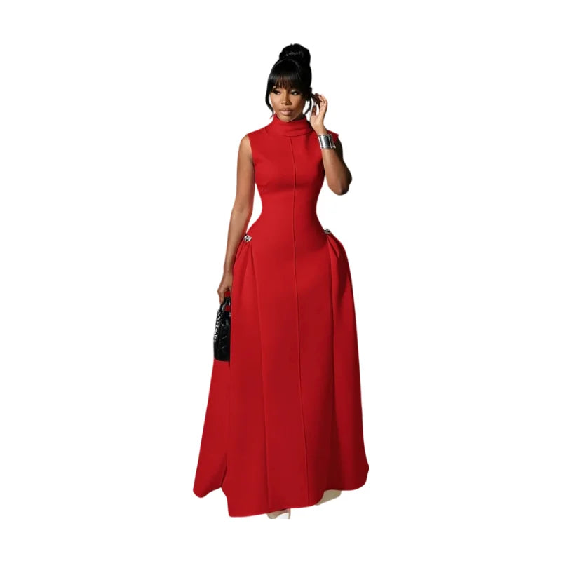 Red High Neck Flared Maxi Formal Dress