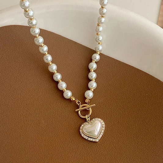 Elegant Pearl Necklace Heart Pendant  Imitation Pearls