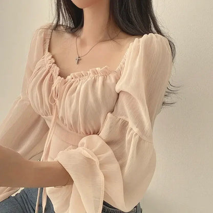 Square Collar Chiffon Blouse Waist-Fitted For Women