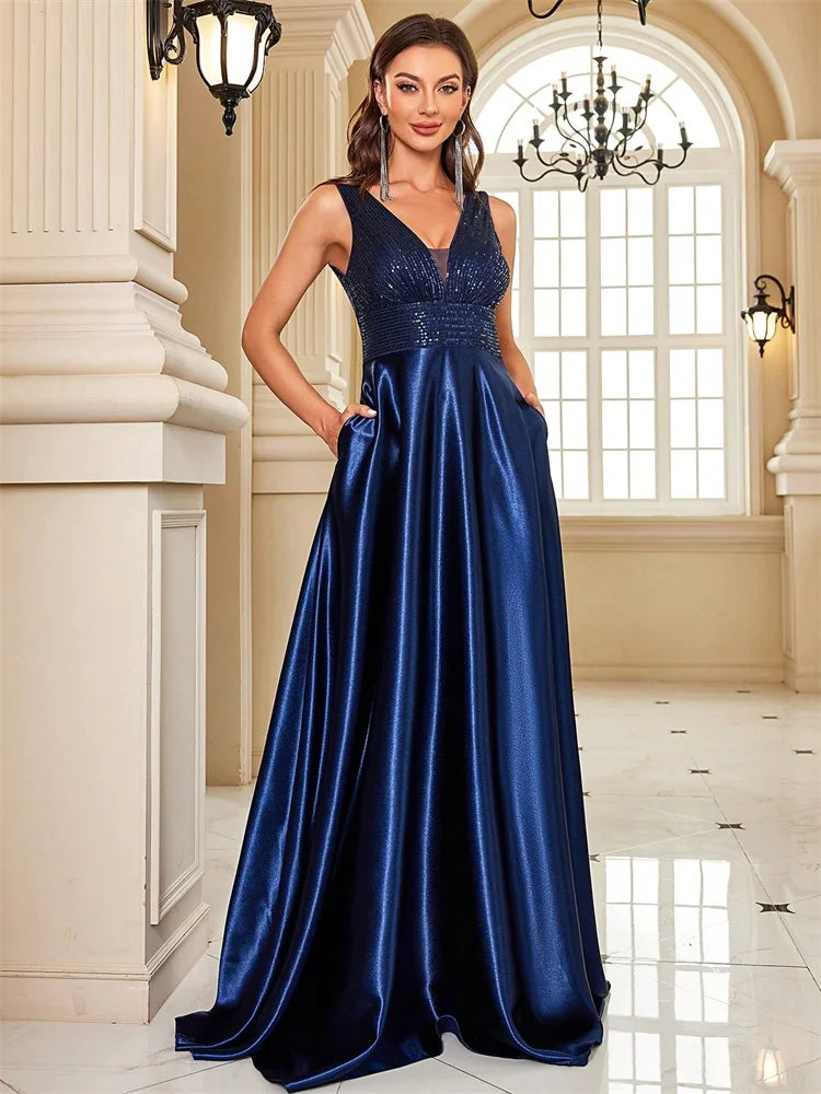 Elegant Sequins V-Back Satin Formal Evening Dress Gown