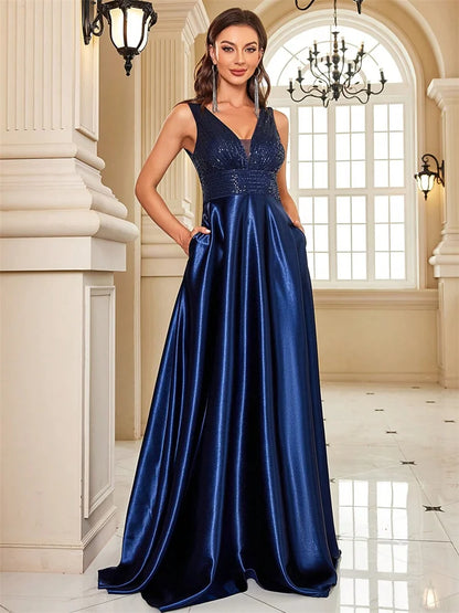 Elegant Sequins V-Back Satin Formal Evening Dress Gown