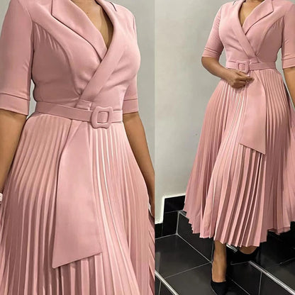 Elegant Office Dress Half Sleeve Belted Midi