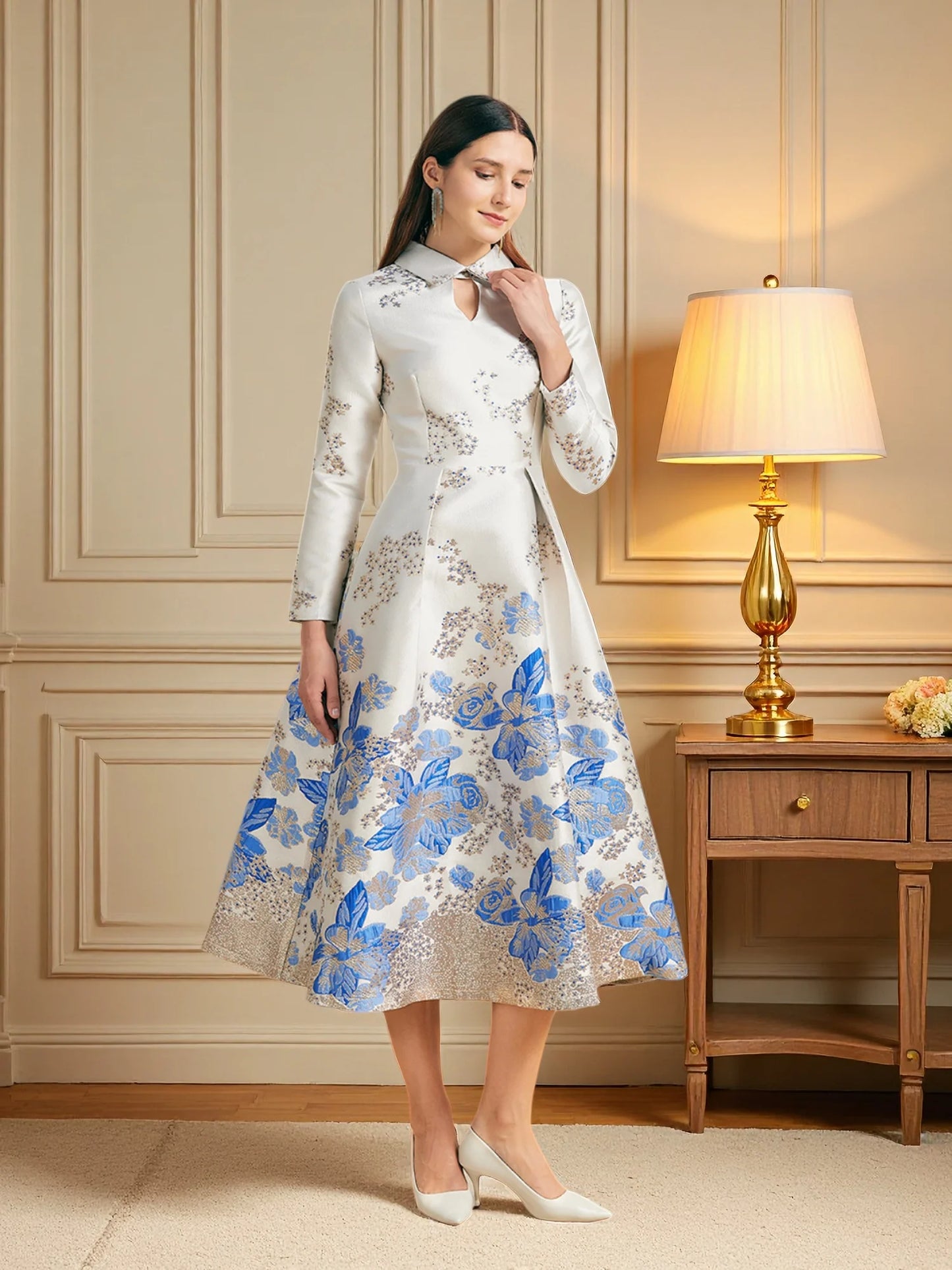 Champagne Pink Jacquard Mandarin Collar Lace-Up Flared Dress