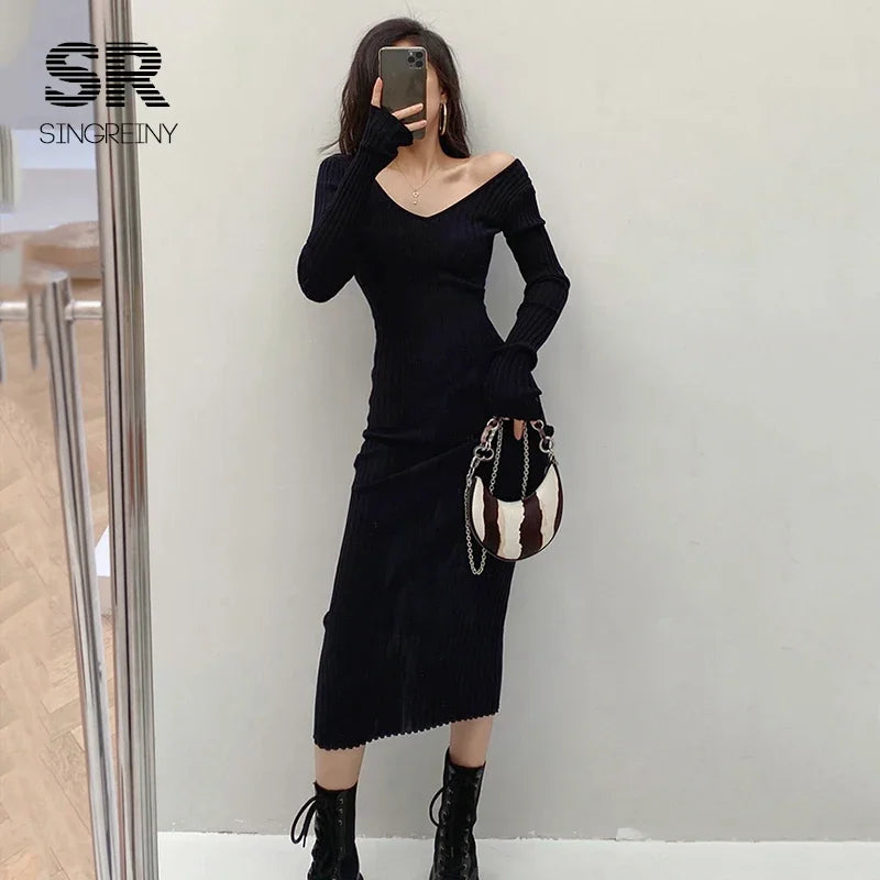 Knitted Dress V-Neck Slim Elastic  Sweater Dress