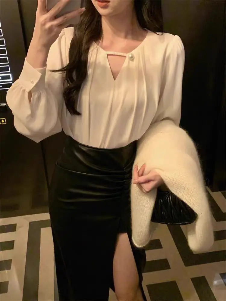 Office Blouse Elegant Long Sleeve Shirt  With Pearl