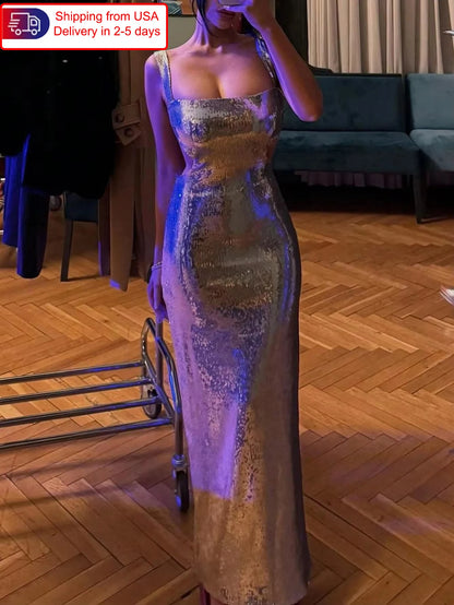 Silver Sequined Sexy Backless Elegant Women's Evening Dress