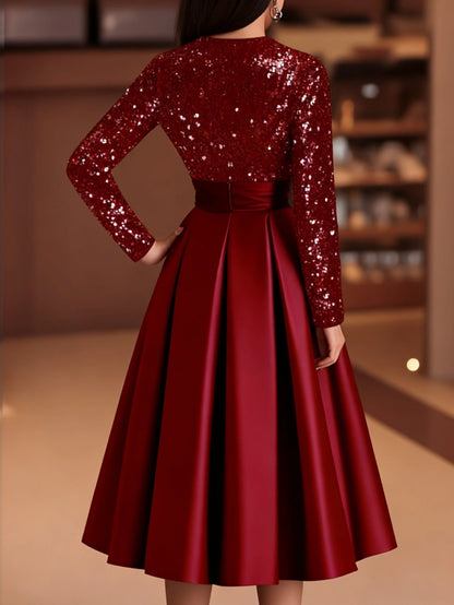 Burgundy Sequin Patch Flowy Midi Dress