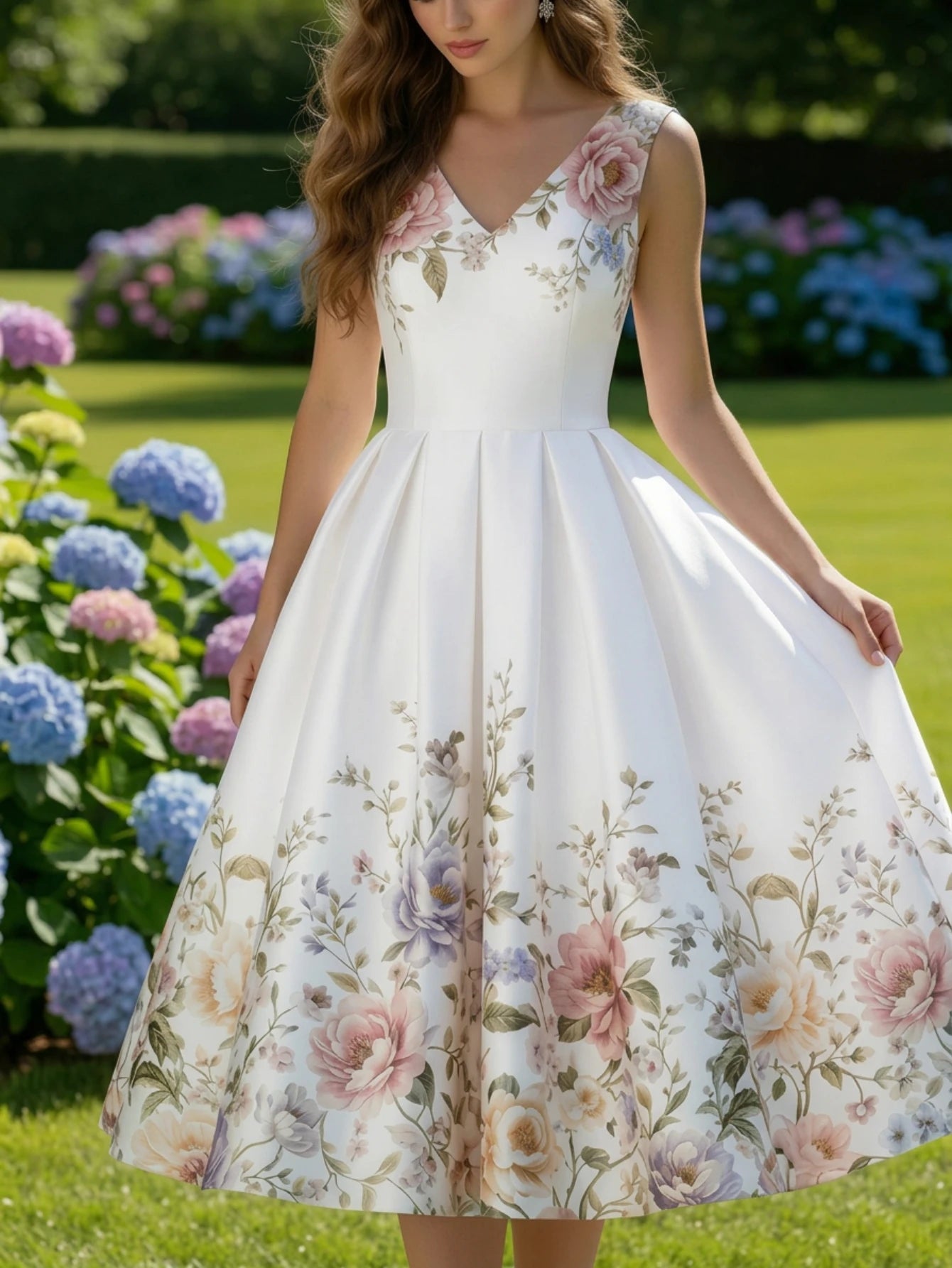 Womens Floral Print Pleated Swing Midi Dress