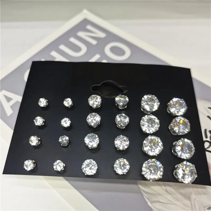 24pcs Cubic Zirconia Stud Earrings - Stainless Steel