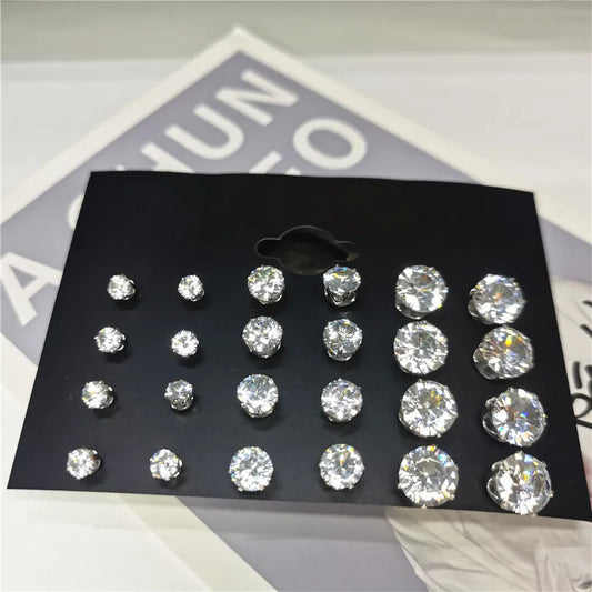 24pcs Cubic Zirconia Stud Earrings - Stainless Steel
