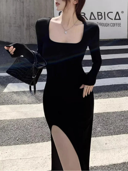 Side Slit Dress Tight-fitting Long Sleeved Dresses