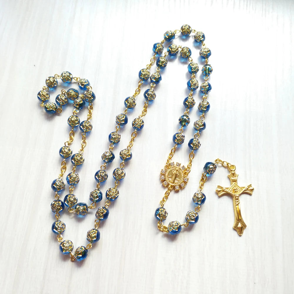 Blue Rose Beads St Benedict Medal Rosary Necklace