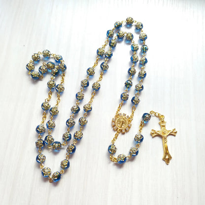 Blue Rose Beads St Benedict Medal Rosary Necklace