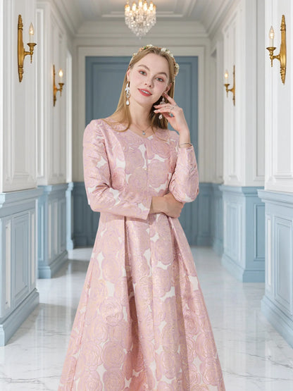 Elegant Pink Rose-Pattern Design Long Sleeve Midi Dress