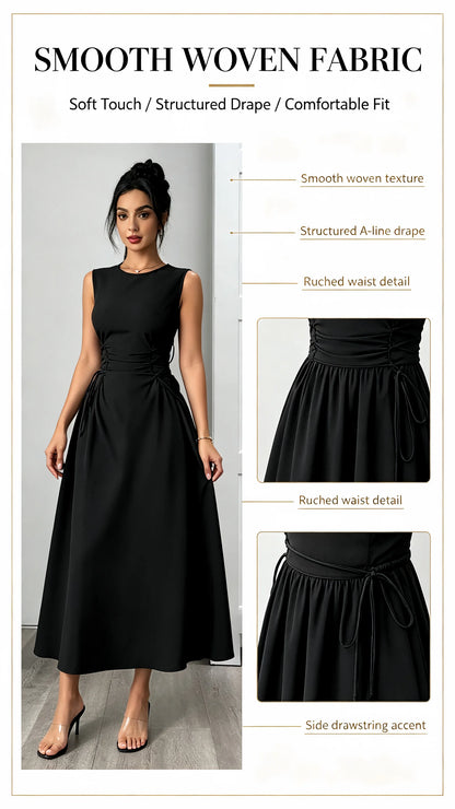 Womens Black Round Neck Bow Detail Flare Midi Dress