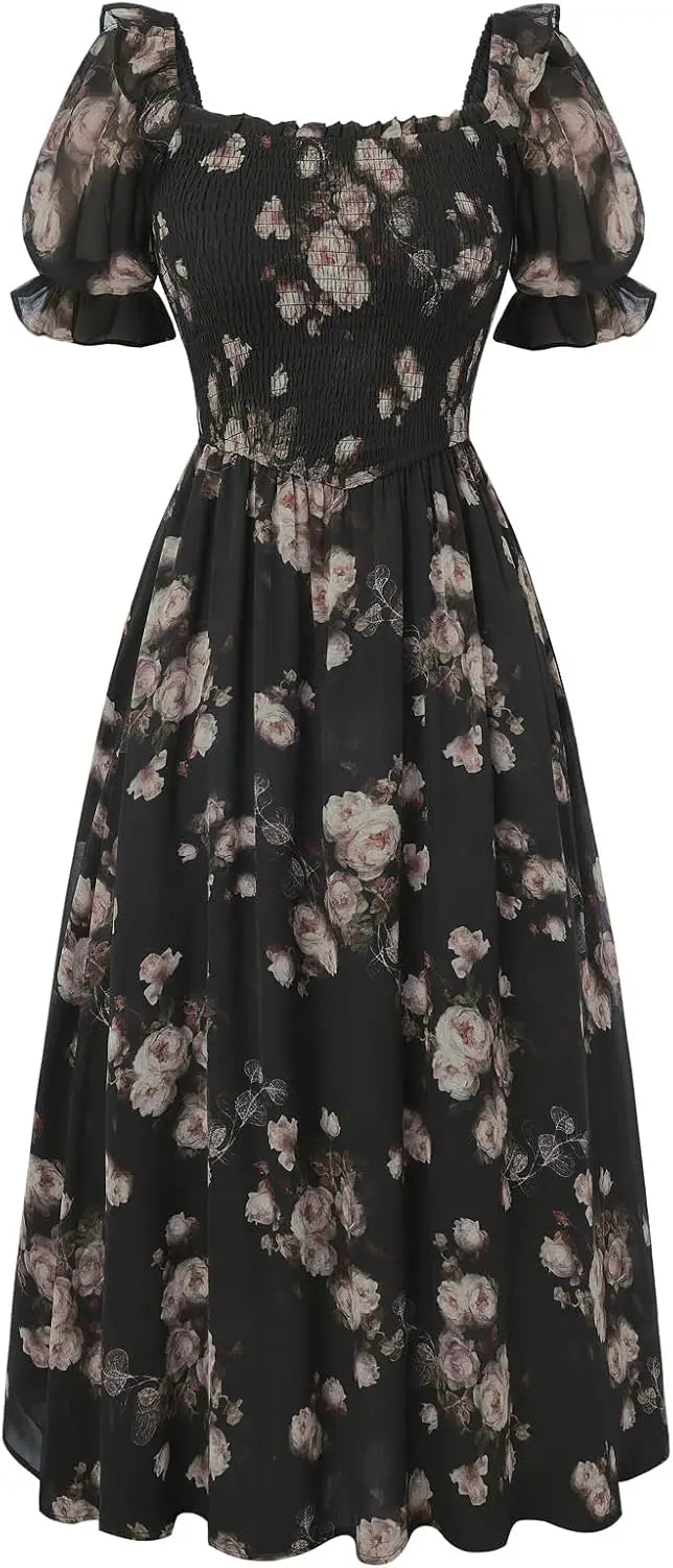 Floral Puff Sleeve A-Line Summer Dress