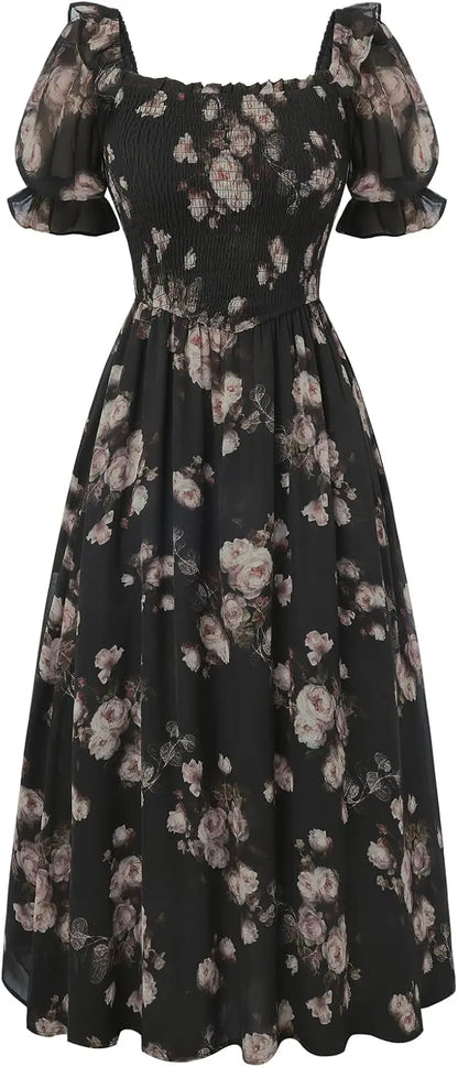 Floral Puff Sleeve A-Line Summer Dress
