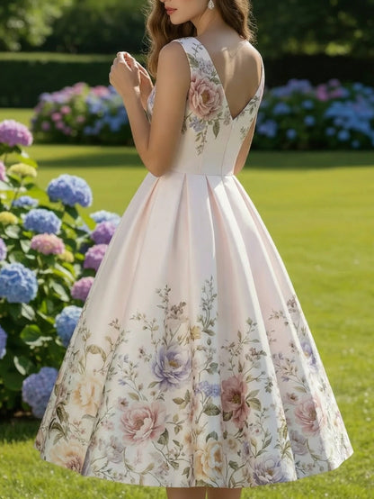 Womens Floral Print Pleated Swing Midi Dress