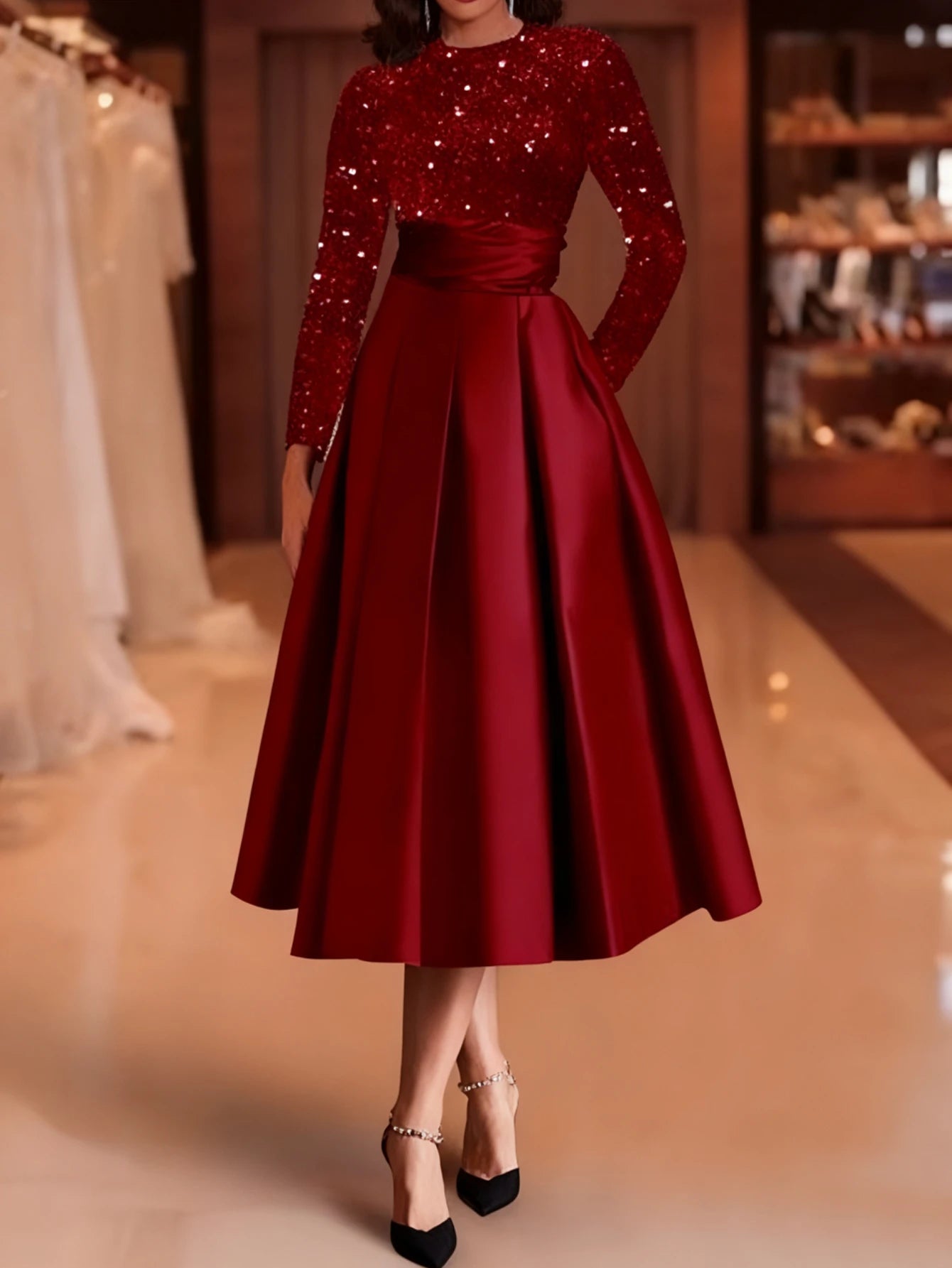 Burgundy Sequin Patch Flowy Midi Dress