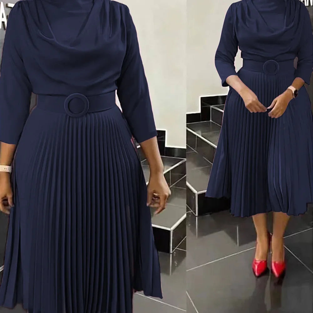 Dark Blue Pleated Midi Office Dress – Elegant Workwear Belted Dress with Waist Detail