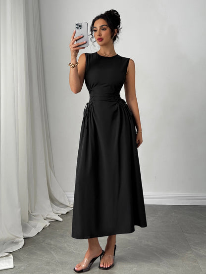 Womens Black Round Neck Bow Detail Flare Midi Dress