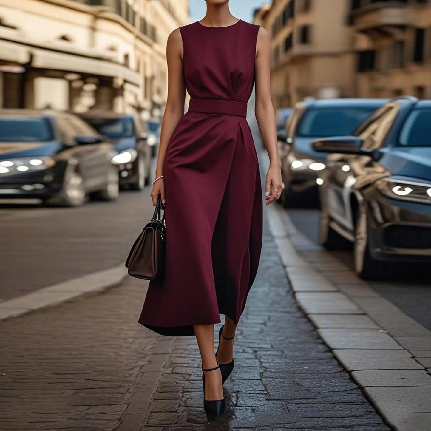 Casual Round Neck Sleeveless Dress With Belt