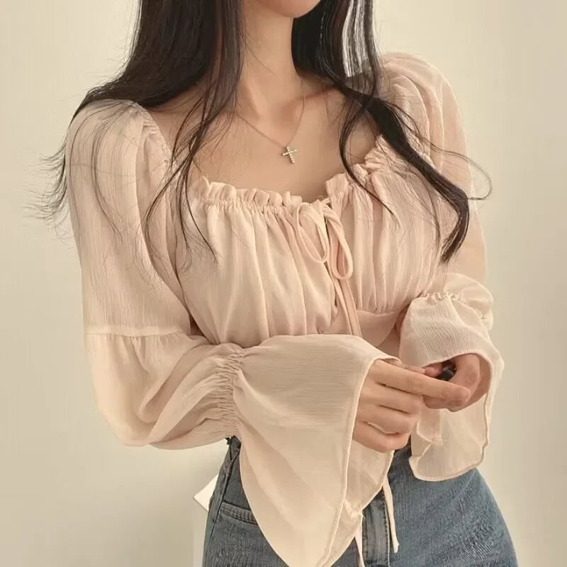 Square Collar Chiffon Blouse Waist-Fitted For Women
