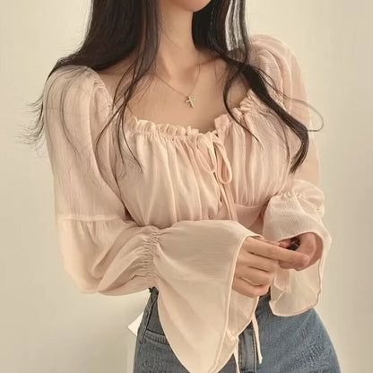 Square Collar Chiffon Blouse Waist-Fitted For Women