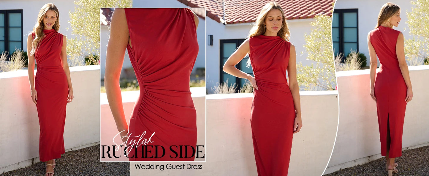 Womens Ruched Sleeveless Slit Bodycon Midi Dress