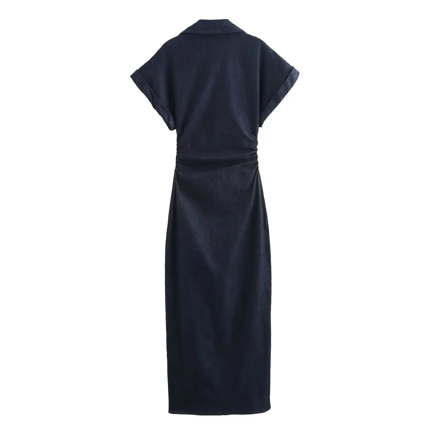 Elegant denim with lapel wrinkle waist dress