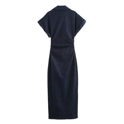 Elegant denim with lapel wrinkle waist dress