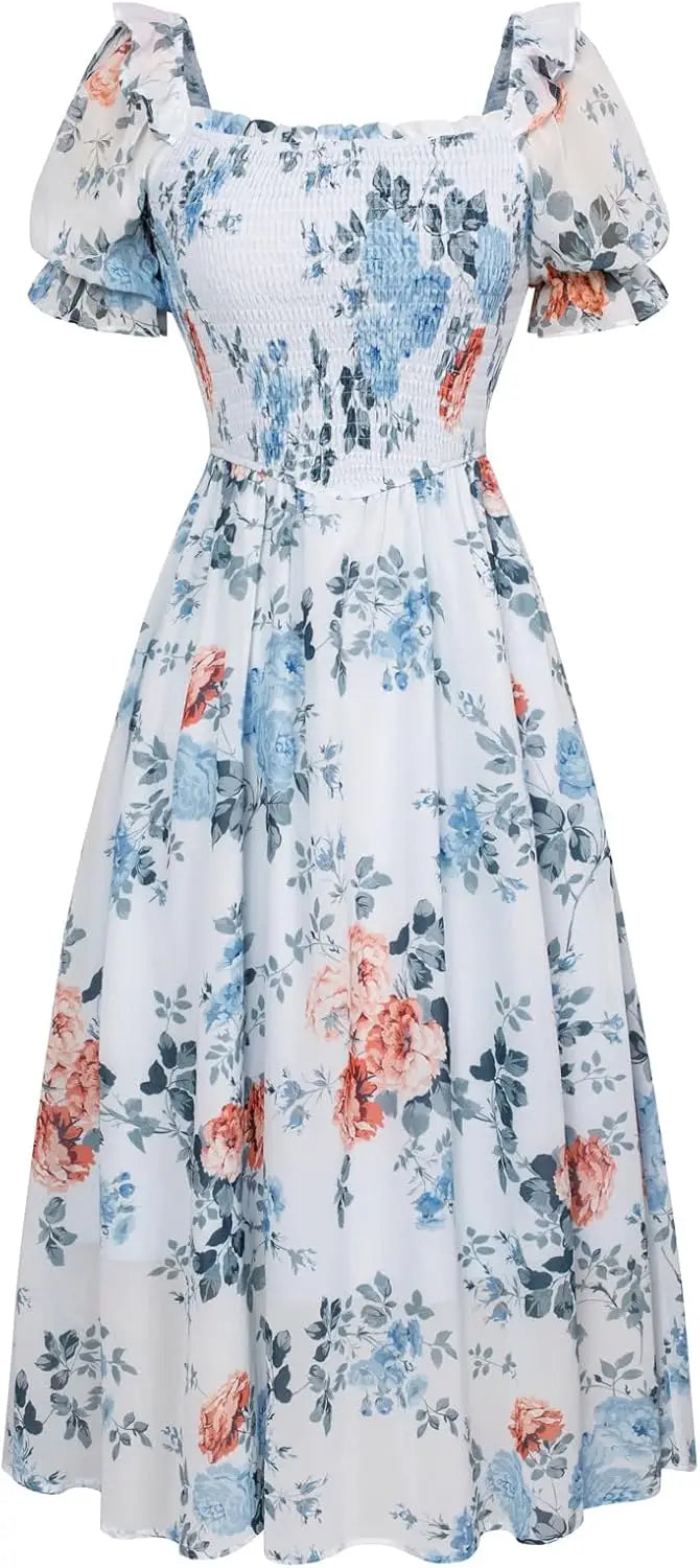 Floral Puff Sleeve A-Line Summer Dress