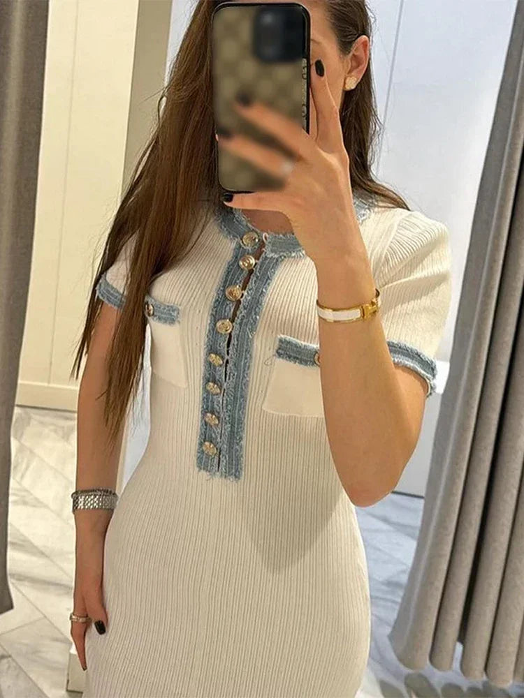 Elegant V-Neck Knitted Long Dress Office