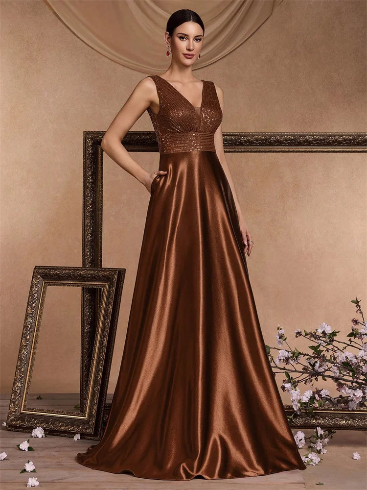 Elegant Sequins V-Back Satin Formal Evening Dress Gown
