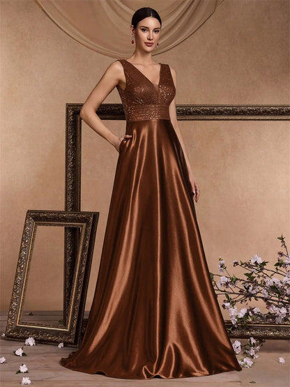 Elegant Sequins V-Back Satin Formal Evening Dress Gown