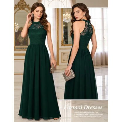 Dark Green Halter Lace Formal Gown