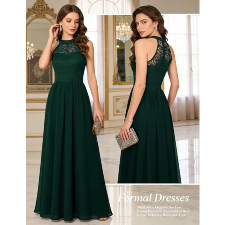 Dark Green Halter Lace Formal Gown