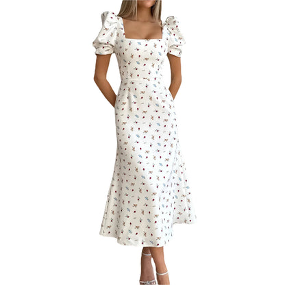 Casual Floral Midi Dress, Puff Sleeve Elegant