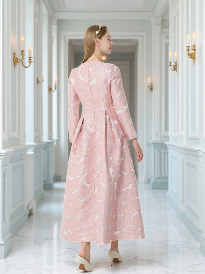 Elegant Pink Rose-Pattern Design Long Sleeve Midi Dress