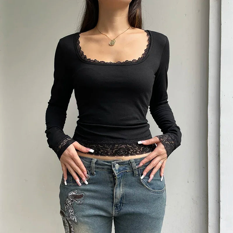 Black Long Sleeves T-shirt  Lace  Casual