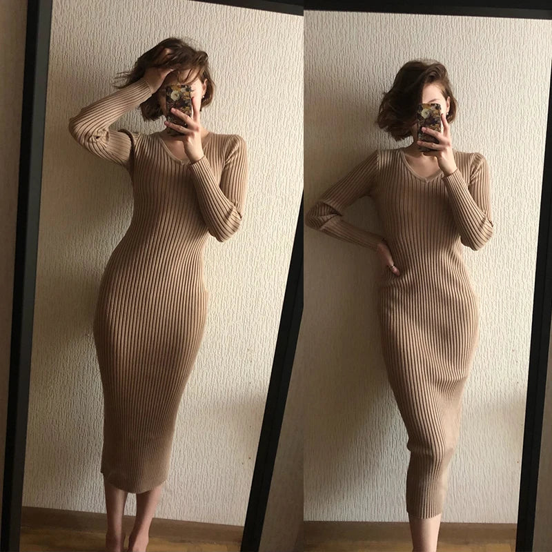 Knitted Dress V-Neck Slim Elastic  Sweater Dress