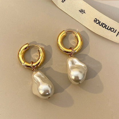 Pearl Earrings Gold Color Round Ear clip Dangle