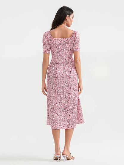 Casual Floral Midi Dress, Puff Sleeve Elegant