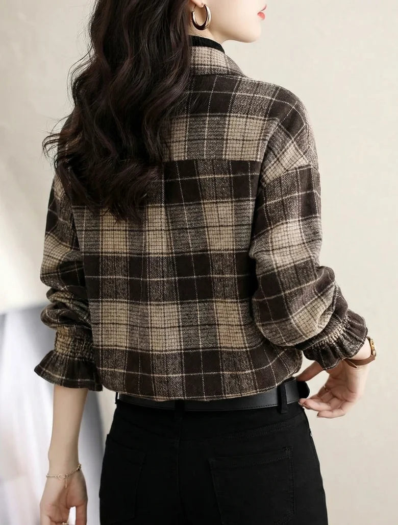 Women Brown Plaid Lapel Button Front Blouse