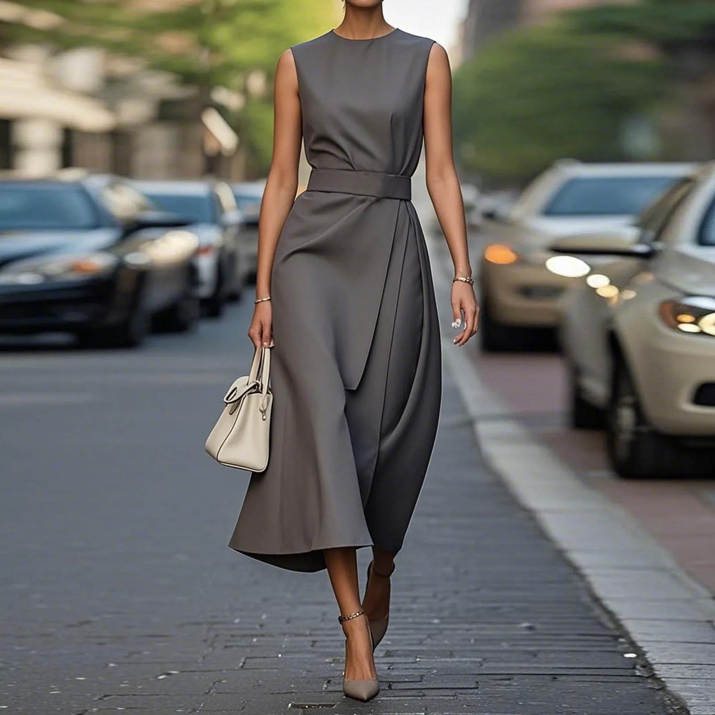 Casual Round Neck Sleeveless Dress With Belt