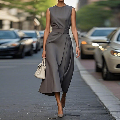Casual Round Neck Sleeveless Dress With Belt